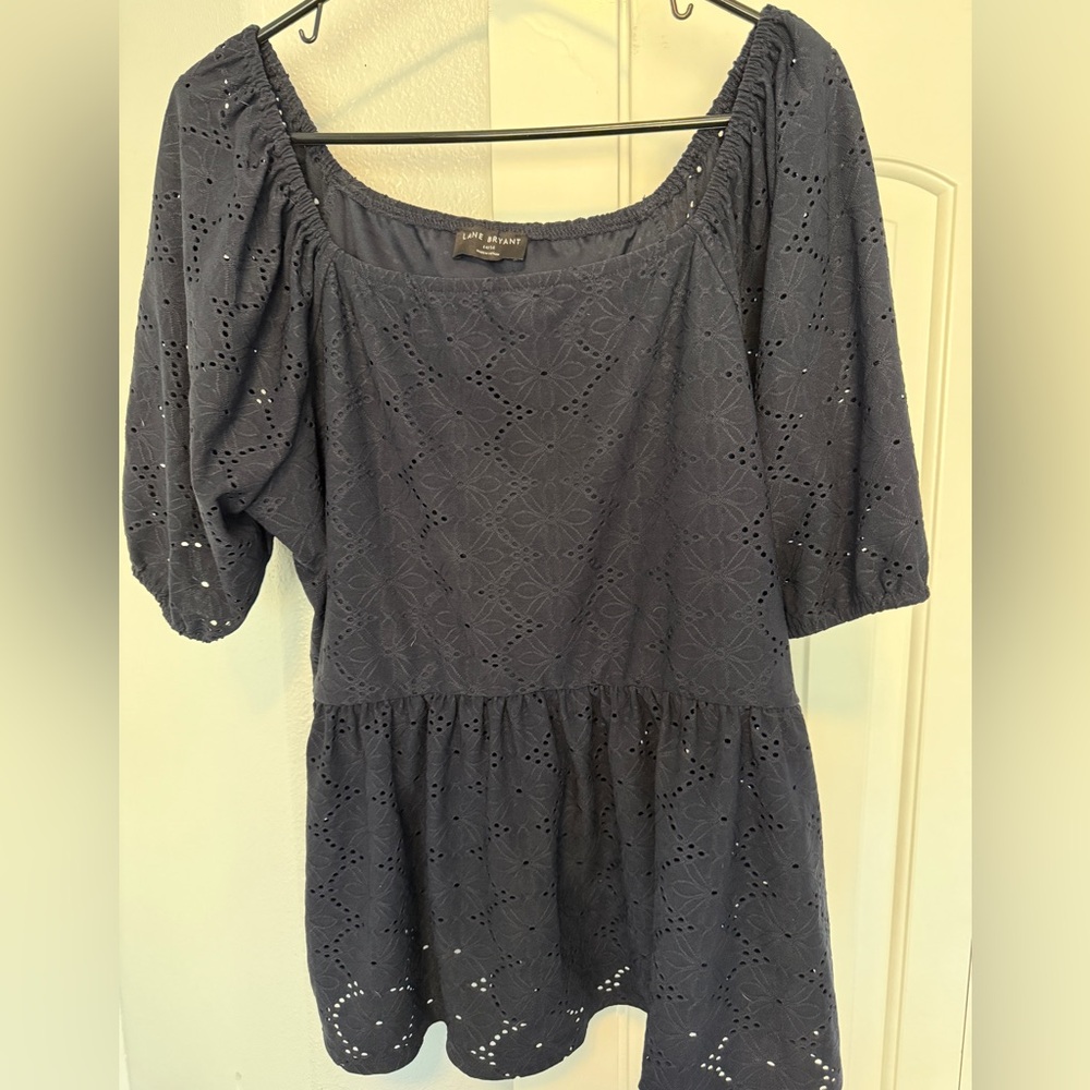 Lane Bryant Navy Blue Eyelet peplum top